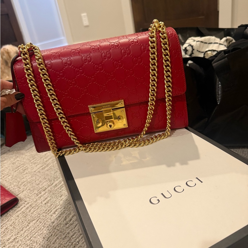 Gucci Red Leather Bag Gold chain